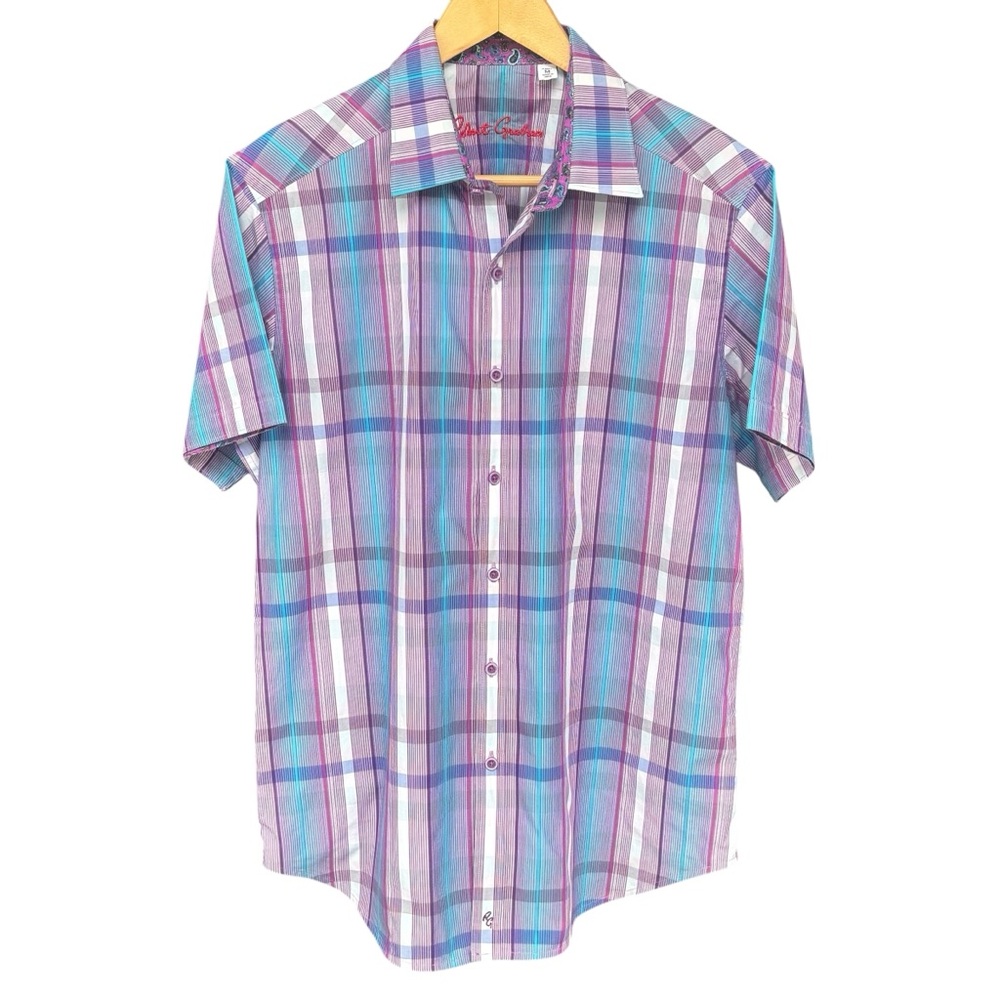 Robert Graham Blue/Fuchsia Plaid Short Sleeve Button Up Shirt Med